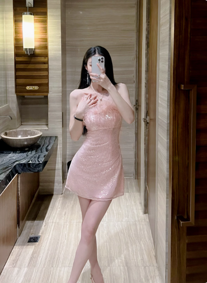 Gentle Pink Short Birthday Dress Tube Top Shimmering Homecoming Dress cc3614