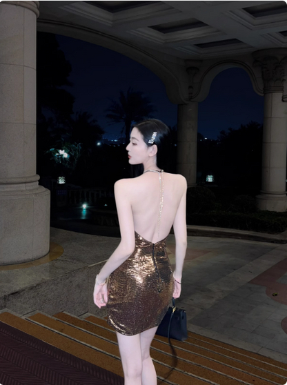 Sexy Halterneck Hip-hugging Sparkly Backless Homecoming Dress cc3615