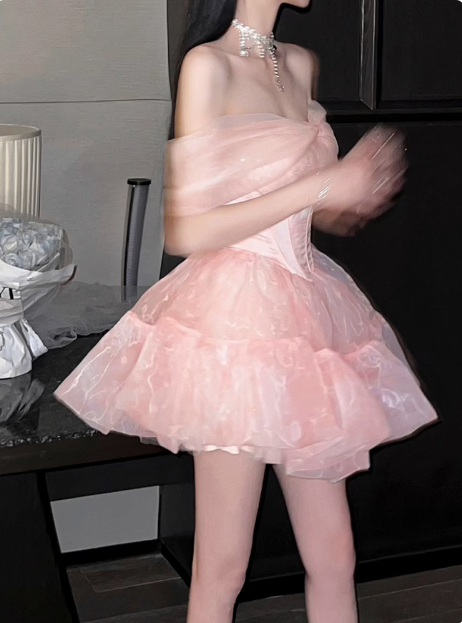 Sweet Pink Tulle Birthday Dress Tulle Puff Homecoming Dress cc3617