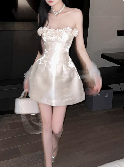 Elegant French Style Tube Top Three-dimensional Flower One Shoulder Satin A-line 17th Birthday Homecoming Dress cc3618