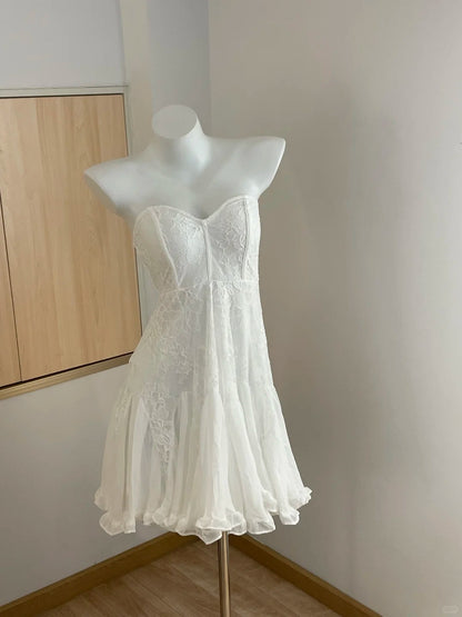Elegant Tube Top White Lace Splicing Mesh A-line 17th Birthday Homecoming Dress cc3621