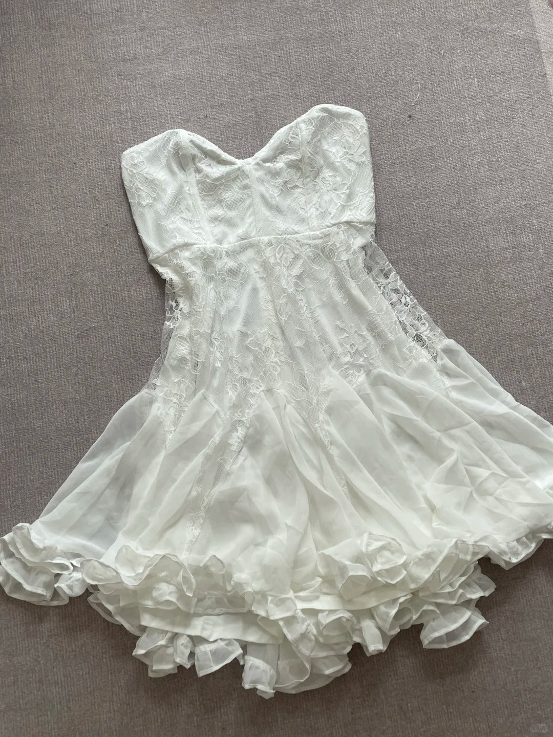 Elegant Tube Top White Lace Splicing Mesh A-line 17th Birthday Homecoming Dress cc3621