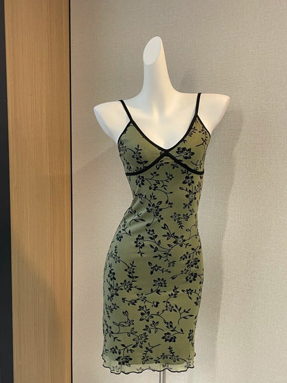 Retro Suspenders Green Floral Mesh Slim Fit 17th Birthday Homecoming Dress cc3622