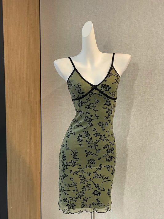 Retro Suspenders Green Floral Mesh Slim Fit 17th Birthday Homecoming Dress cc3622