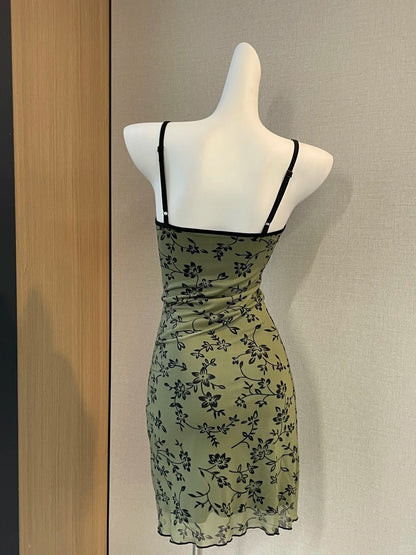 Retro Suspenders Green Floral Mesh Slim Fit 17th Birthday Homecoming Dress cc3622