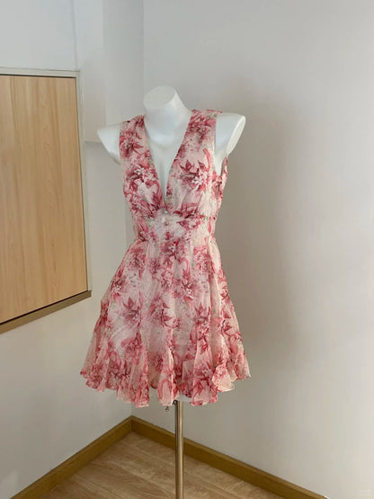 Sweet Pink Floral Backless Multi-Layered Pleated Chiffon Homecoming Dress cc3623