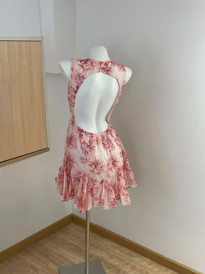 Sweet Pink Floral Backless Multi-Layered Pleated Chiffon Homecoming Dress cc3623