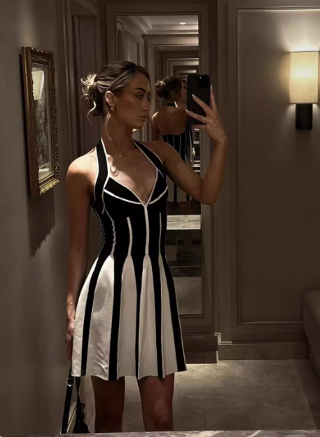 Sexy Low Cut Backless Halter Neck Striped Waist A-Line Homecoming Dress cc3624