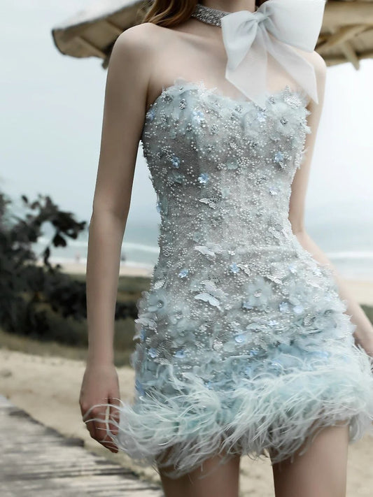 Sweet Light Blue Pearl Sequin Feather Slim Birthday Party Homecoming Dress cc4373