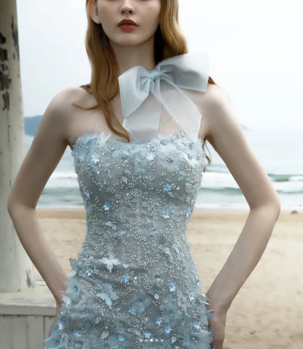 Sweet Light Blue Pearl Sequin Feather Slim Birthday Party Homecoming Dress cc4373