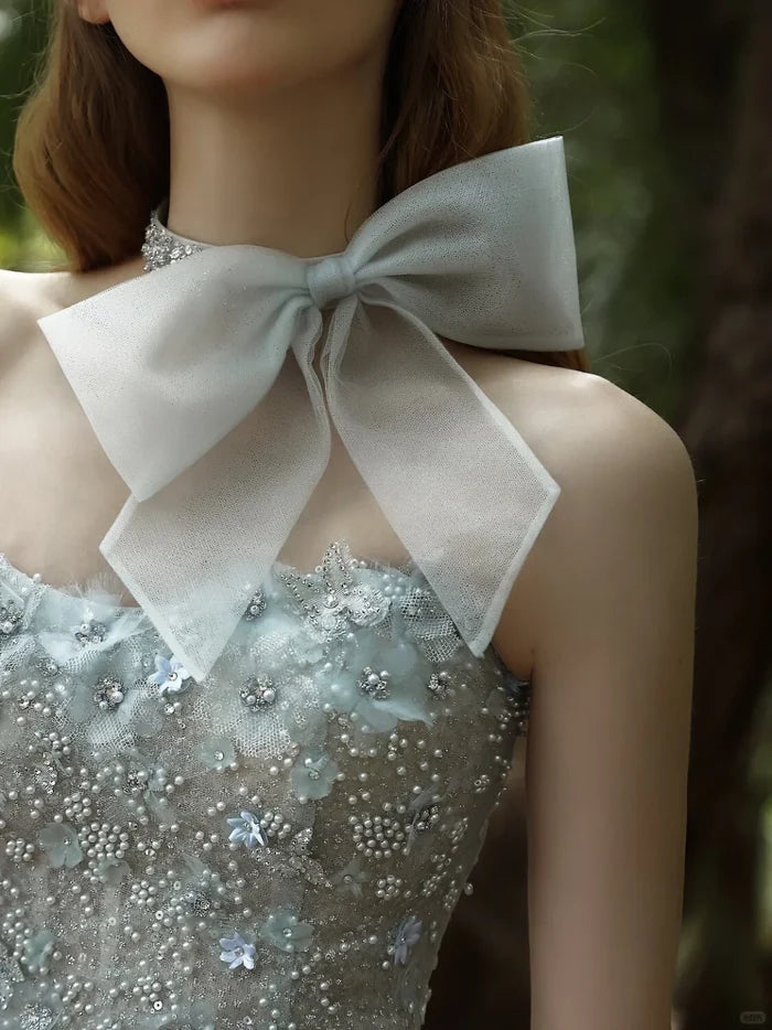Sweet Light Blue Pearl Sequin Feather Slim Birthday Party Homecoming Dress cc4373