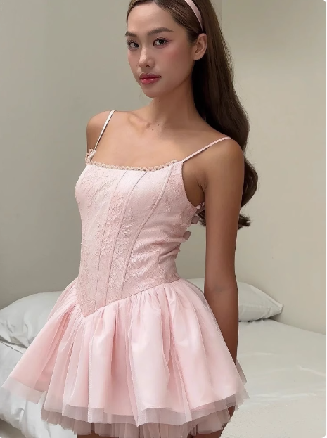 Sweet Sling Backless Bow A-line Fluffy Lace Birthday Dress Homecoming Dress cc3629