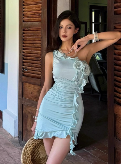 Irregular Ruffled Three-dimensional Rose Oblique Shoulder Hip 17th Birthday Homecoming Dress cc3631