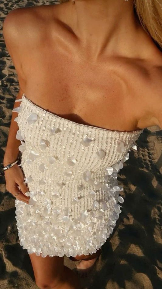 Beautiful White Tube Top Sequined Slim Fit Hip 17th Birthday Homecoming Dress cc3633