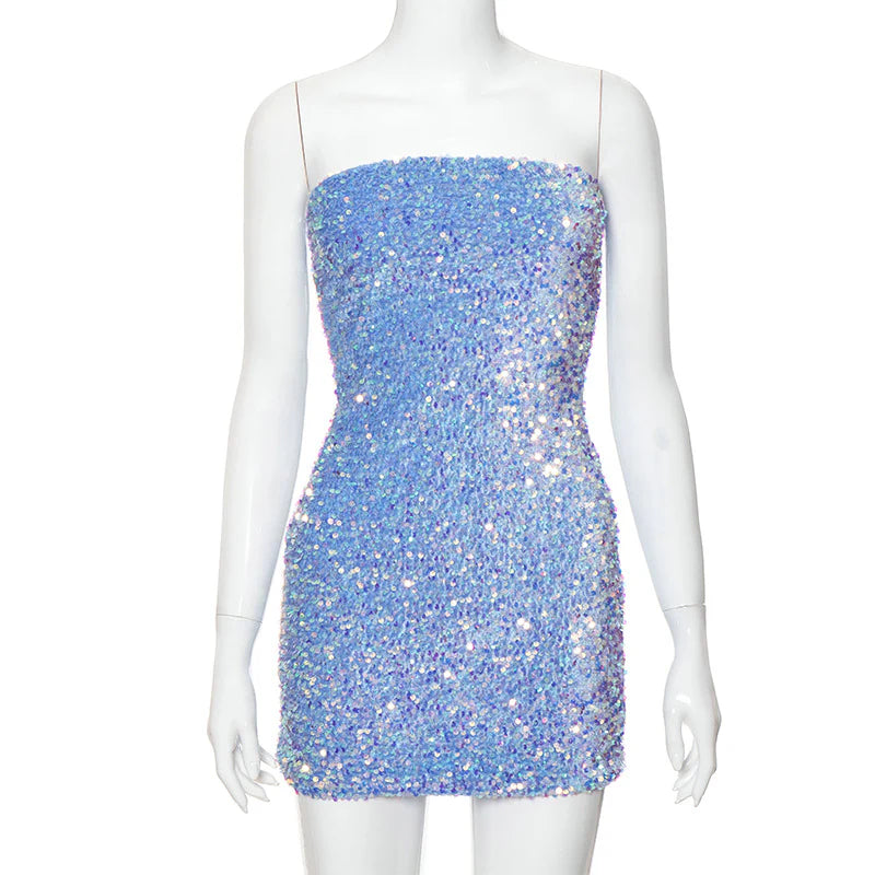 Shiny Blue Sequined Sleeveless Slim Fit Hip 17th Birthday Homecoming Dress cc3635