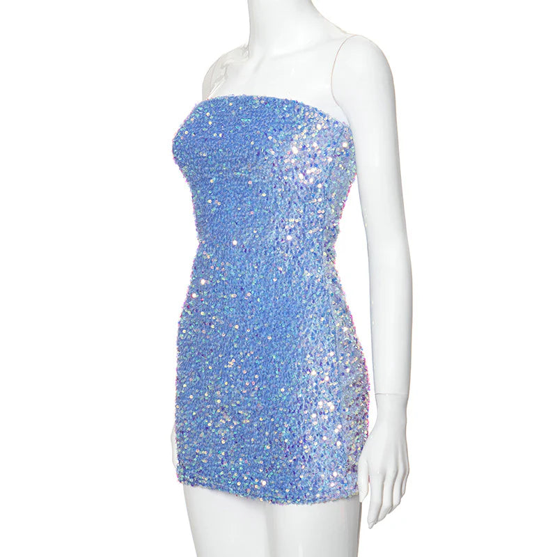 Shiny Blue Sequined Sleeveless Slim Fit Hip 17th Birthday Homecoming Dress cc3635