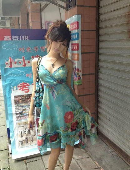 Vintage Chiffon Strapless Blue Print Homecoming Dress cc3639