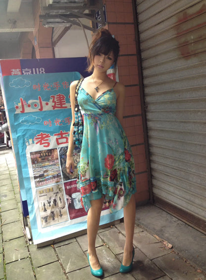 Vintage Chiffon Strapless Blue Print Homecoming Dress cc3639
