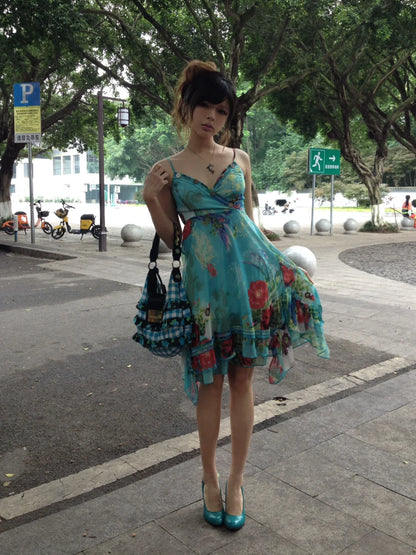 Vintage Chiffon Strapless Blue Print Homecoming Dress cc3639