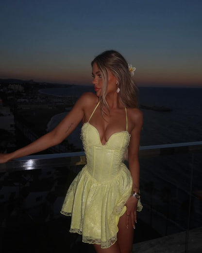Cute Lace Halterneck Low-cut Light Yellow A-line 17th Birthday Homecoming Dress cc3640