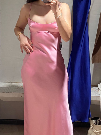 Sweet Pink Square Neck Backless Satin Fitted Long Prom Dress Evening Dress Bridesmaid Dress cc5075