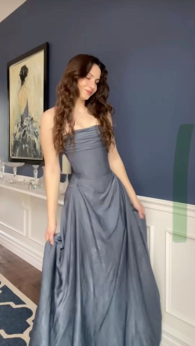 Elegant Grey A-line Strapless Pleated Satin Long Prom Dress Evening Dress cc5076