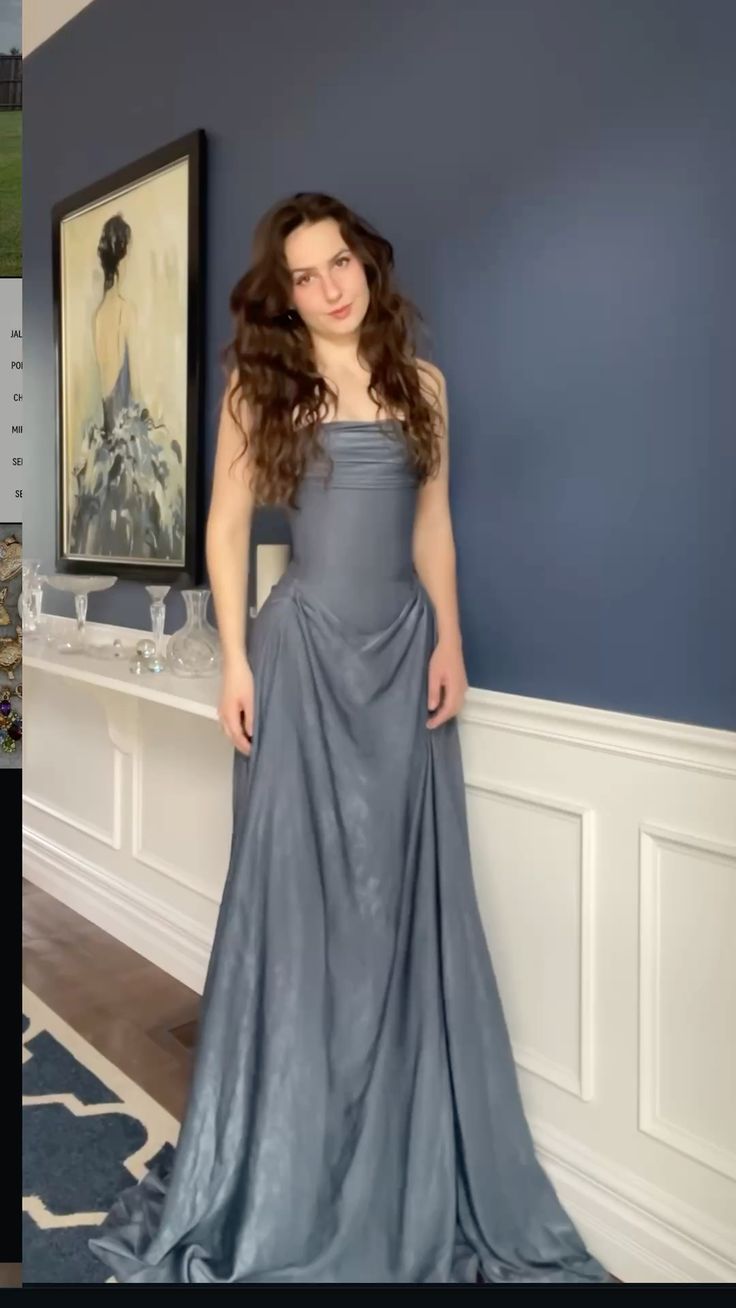 Elegant Grey A-line Strapless Pleated Satin Long Prom Dress Evening Dress cc5076