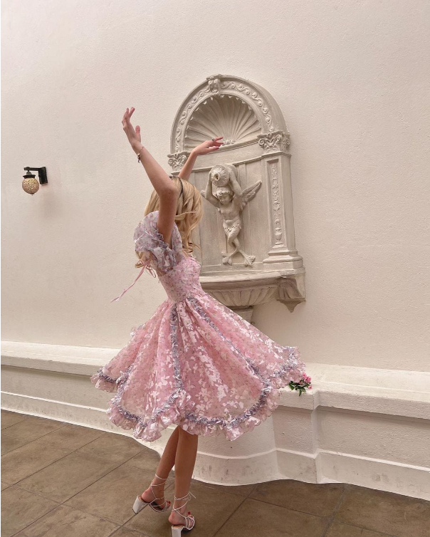 Princess Print Short Sleeve Pink Tulle A-Line Birthday Skirt Homecoming Dress cc3647