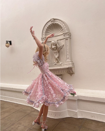 Princess Print Short Sleeve Pink Tulle A-Line Birthday Skirt Homecoming Dress cc3647