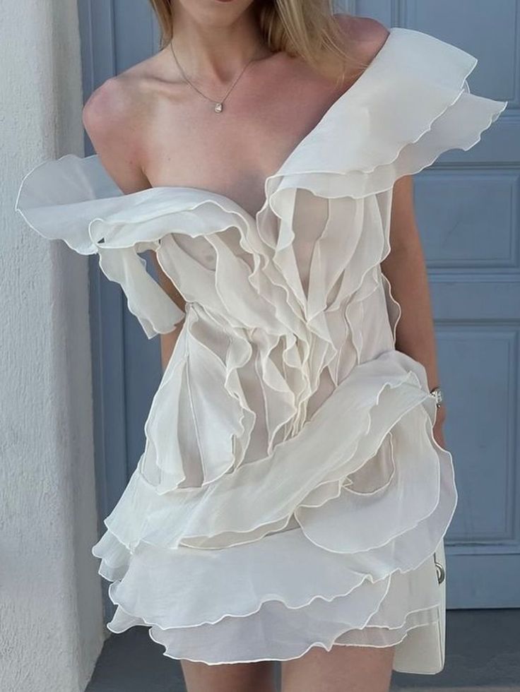 Flowy Ruffled Low-cut V-neck White Birthday Skirt Homecoming Dress cc3648