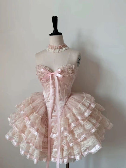 Princess Heart-shaped Collar Bow Herringbone Lace Edge Fluffy 17th Birthday Homecoming Dress cc3653