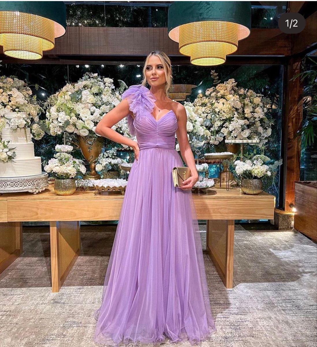 Dreamy Purple A-line One-shoulder V-neck Tulle Long Prom Dress Evening Dress cc4738