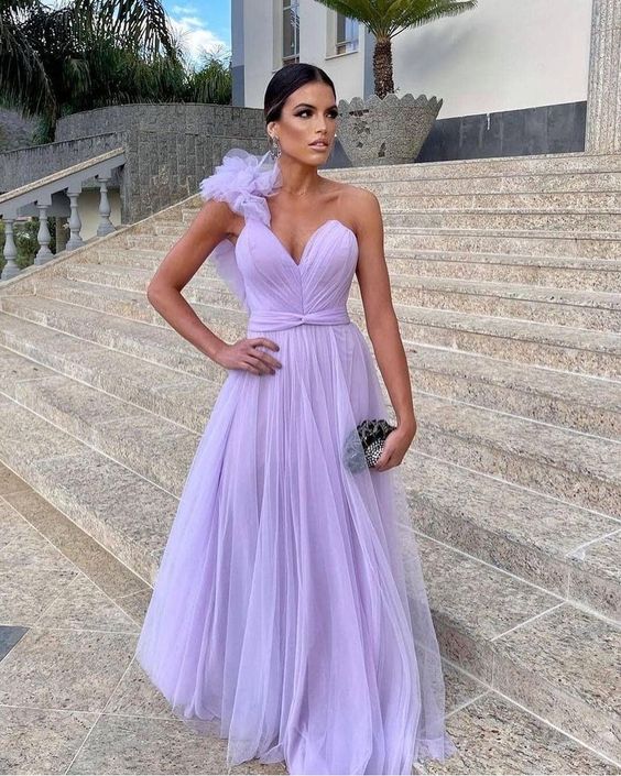 Dreamy Purple A-line One-shoulder V-neck Tulle Long Prom Dress Evening Dress cc4738