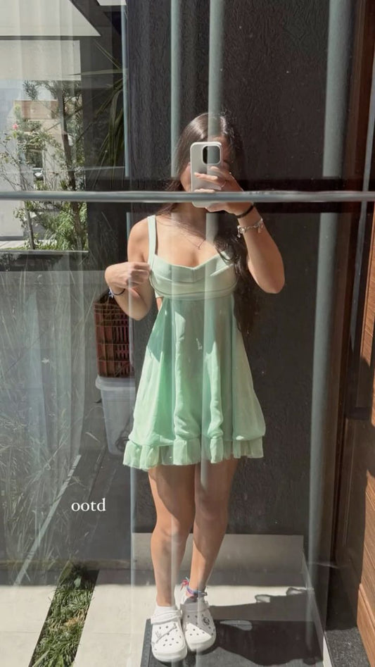 Fresh Light Green Shoulder Strap Waist Hollow Mini 16th Birthday Homecoming Dress cc4380