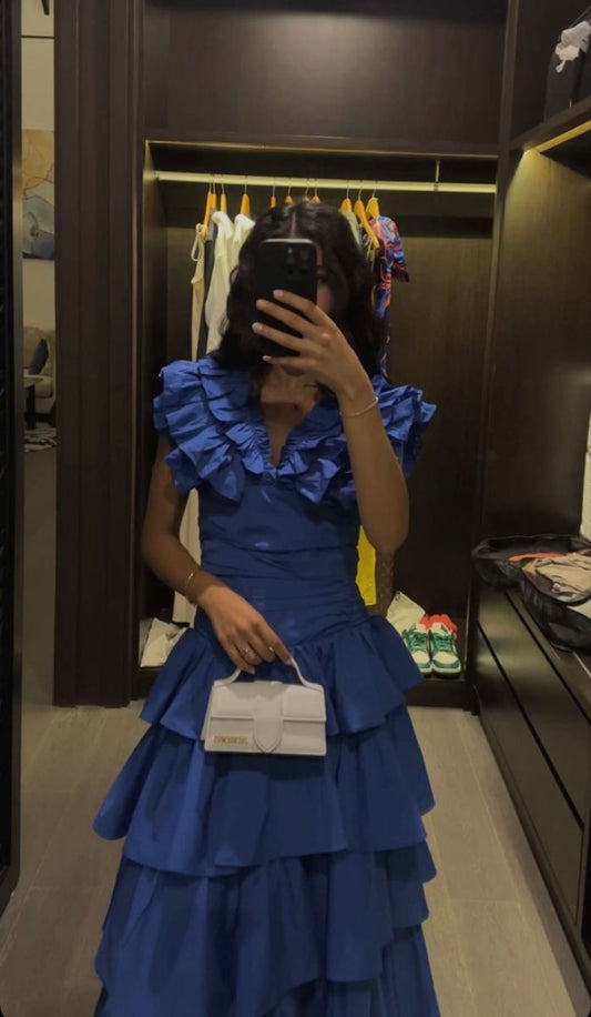 Sweet Royal Blue A-line V-neck Layered Ruffle Long Prom Dress Evening Dress cc5080