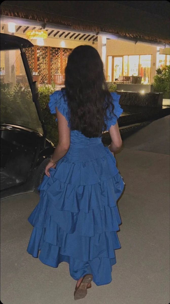 Sweet Royal Blue A-line V-neck Layered Ruffle Long Prom Dress Evening Dress cc5080