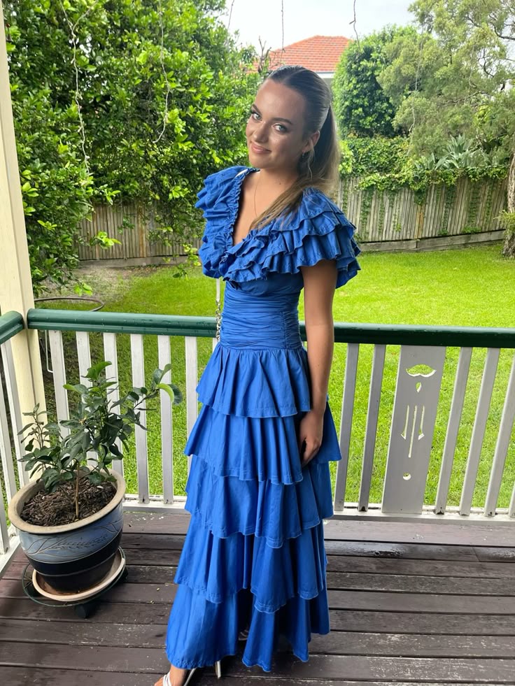 Sweet Royal Blue A-line V-neck Layered Ruffle Long Prom Dress Evening Dress cc5080