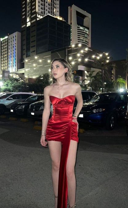 Beautiful Tube Top Red Satin Slim Fit Hip 17th Birthday Homecoming Dress cc3657