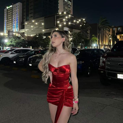 Beautiful Tube Top Red Satin Slim Fit Hip 17th Birthday Homecoming Dress cc3657