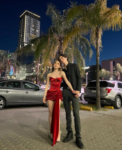 Beautiful Tube Top Red Satin Slim Fit Hip 17th Birthday Homecoming Dress cc3657