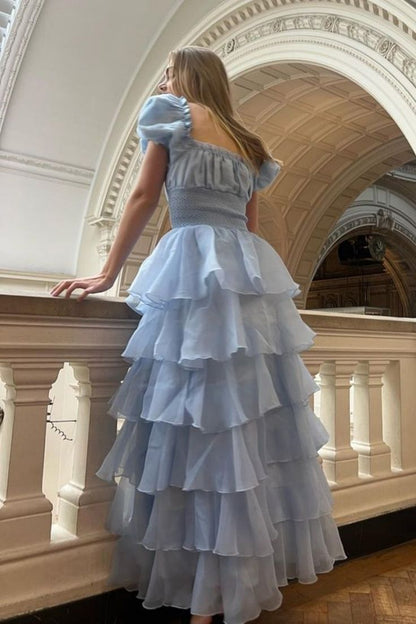 Sweet Light Sky Blue Square Neckline Puff Sleeve Layered Ruffle Organza A-line Long Prom Dress Evening Dress cc5081