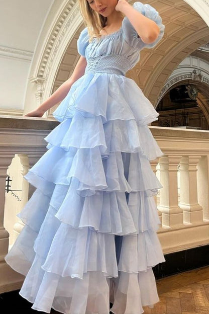 Sweet Light Sky Blue Square Neckline Puff Sleeve Layered Ruffle Organza A-line Long Prom Dress Evening Dress cc5081