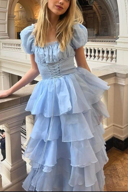 Sweet Light Sky Blue Square Neckline Puff Sleeve Layered Ruffle Organza A-line Long Prom Dress Evening Dress cc5081