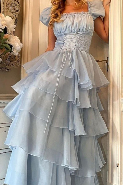 Sweet Light Sky Blue Square Neckline Puff Sleeve Layered Ruffle Organza A-line Long Prom Dress Evening Dress cc5081