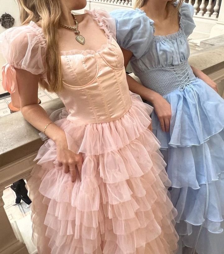 Sweet Light Sky Blue Square Neckline Puff Sleeve Layered Ruffle Organza A-line Long Prom Dress Evening Dress cc5081