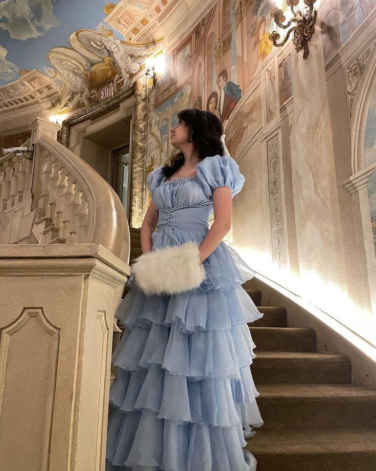 Sweet Light Sky Blue Square Neckline Puff Sleeve Layered Ruffle Organza A-line Long Prom Dress Evening Dress cc5081