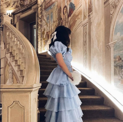 Sweet Light Sky Blue Square Neckline Puff Sleeve Layered Ruffle Organza A-line Long Prom Dress Evening Dress cc5081