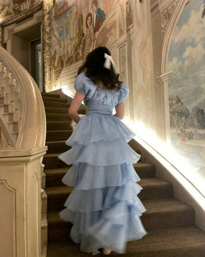 Sweet Light Sky Blue Square Neckline Puff Sleeve Layered Ruffle Organza A-line Long Prom Dress Evening Dress cc5081