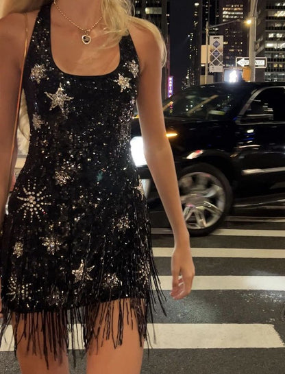 Sparkling Tassel Square Neck Star Sequin Open Back Homecoming Dress cc3658