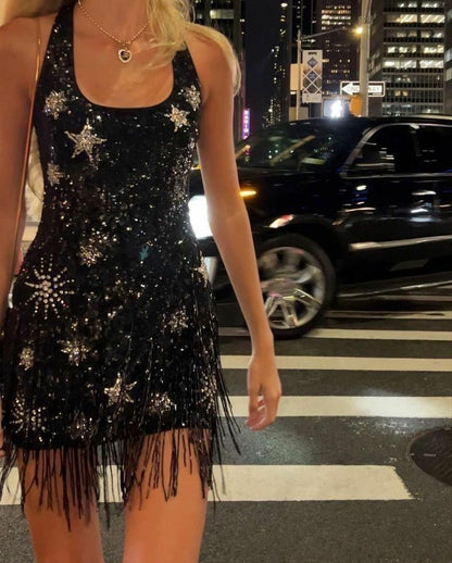 Sparkling Tassel Square Neck Star Sequin Open Back Homecoming Dress cc3658